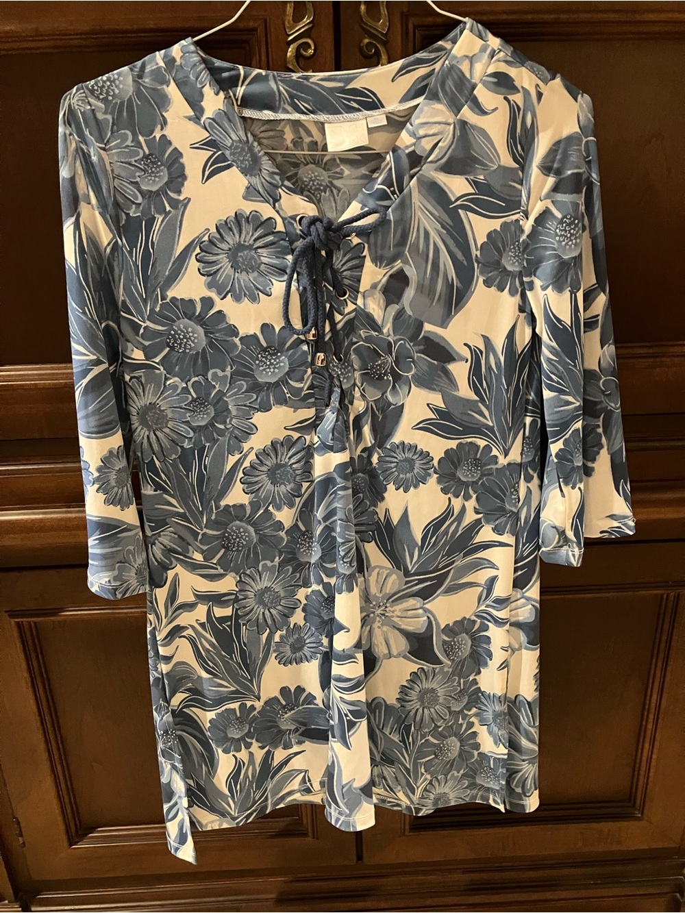 Women's Blue Floral Swim Coverup with Tie Neck
